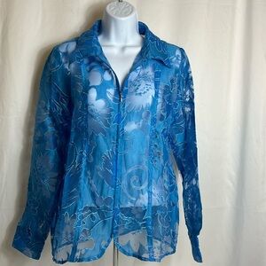 Susan Graver Women’s Size Small Blue Full Front Zip Cover Floral Eyelet Lace Top